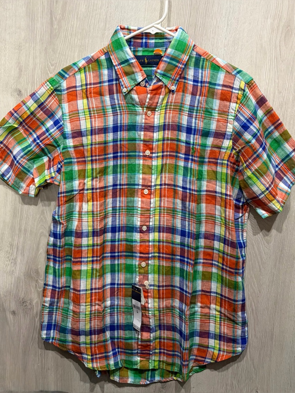 NWT Ralph Lauren Mens Medium M Short Sleeve Button Down linen Shirt  Plaid